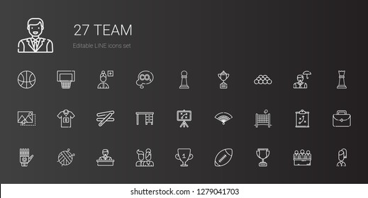 team icons set. Collection of team with trophy, american football, users, employee, ball, hand, volley, fan, strategy, table, stick, football jersey. Editable and scalable team icons.