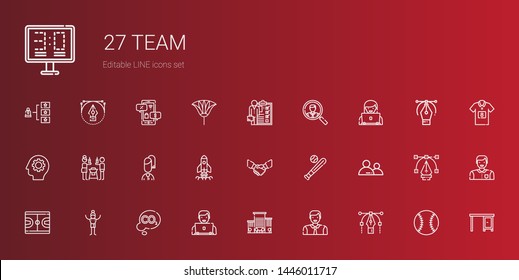 team icons set. Collection of team with vector, man, office, user, co, basketball, baseball, handshake, startup, friends, gear, job search, skills. Editable and scalable team icons.