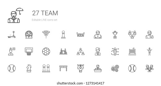 team icons set. Collection of team with working, employee, vector, table, pawn, strategy, baseball, skills, hierarchical structure, agreement. Editable and scalable team icons.