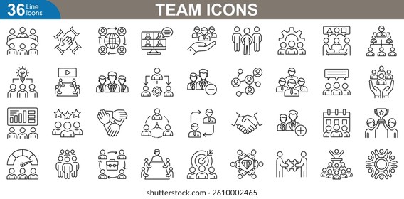 Team icons set. Flat line icon representing teamwork, collaboration, leadership, project management, office communication concepts, and more. Vector illustration