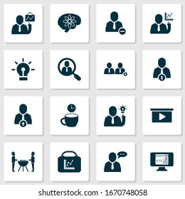 Team icons set with upward leveling, search for workers, team analytics and other businessman elements. Isolated vector illustration team icons.