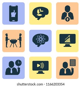 Team icons set with workflow, brain work, team time and other leadership elements. Isolated vector illustration team icons.