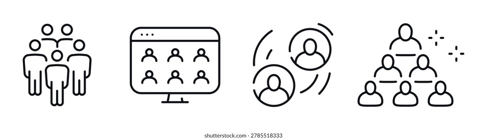 Team icons showing collaboration networking hierarchy in linear icons. Editable stroke