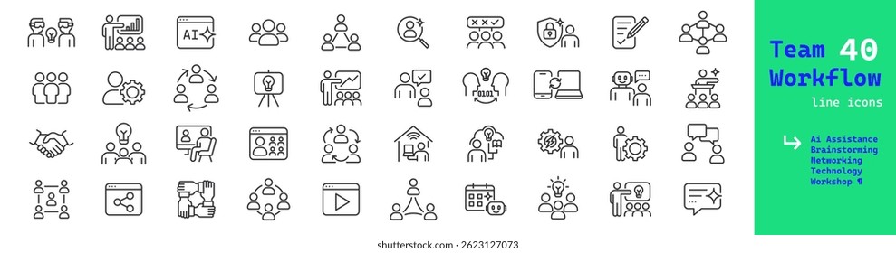 Team icons of teamwork or workflow communication vector line pictograms. Teamwork line icons for online networking and workflow