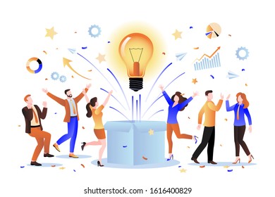 Team idea and business startup concept. Vector flat cartoon illustration. Group of creative people invents innovative successful solution.