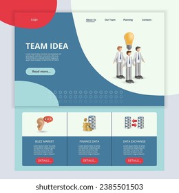 Team idea flat landing page website template. Buzz market, finance data, data exchange. Web banner with header, content and footer. Vector illustration.