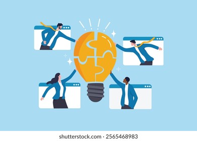 Team idea, teamwork solving problem, office meeting discussion brainstorm, innovation or creativity to success concept, business people staff, employees work together complete lightbulb jigsaw puzzle.