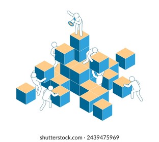 A team of illustrated figures work together to assemble and climb a stair-like structure composed of blue blocks, symbolizing teamwork and progress. Team Collaboration. Isometric Vector