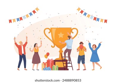 Team incentives award. Success teamwork achievement, business incentive corporate competition winner trophy office colleague motivation victory ceremony vector illustration authors graphics