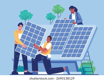 Equipo de instalación de paneles solares — Ilustración de concepto de energía renovable