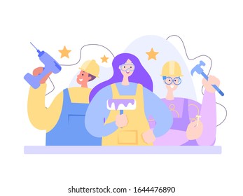 Team with instruments in hands is ready for renovation of house. Flat concept design