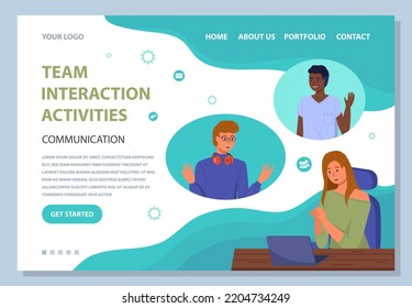 Team interaction activities landing page template, personal acceptance of each other, mutual respect and recognition, high level of motivation, common group values and versatile business cooperation