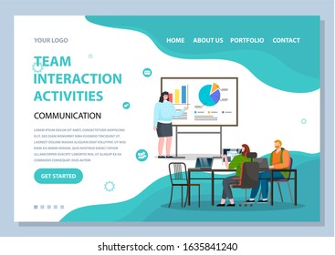 Team interaction activities in office, presenter with report or stats on board. Boss and employees thinking on business development improvement. Website or webpage template, landing page, vector