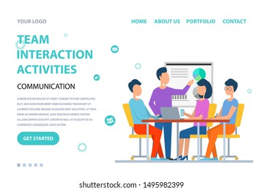 Team interaction activities vector, man and woman sitting by table discussion and brainstorming. Conference and seminar, presentation whiteboard. Website or webpage template, landing page flat style