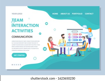 Team interaction activities vector, people sitting by table, seminar meeting of workers, office conference with charts and infographics on board. Website or webpage template, landing page flat style