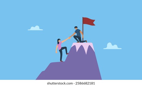 Team interaction helps each other to reach the top of the mountain. Help support team to success together, teamwork partnership to collaboration, leadership or manager to help employee reaching goal.