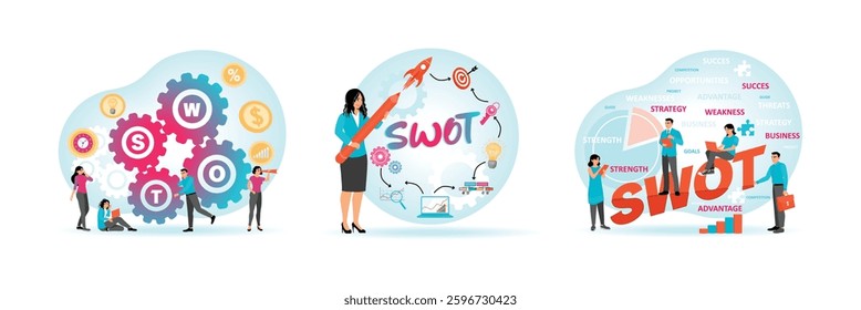 The team interacts with a gear labeled SWOT. A woman analyzes a SWOT, surrounded by icons depicting strategy and analysis. The team conducting the SWOT analysis. Set flat vector illustration