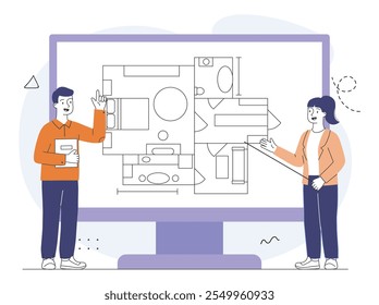 Team of interior designers. Man and woman near computer screen with drawings of building. Architecture and engineering. Linear vector illustration isolated on white background