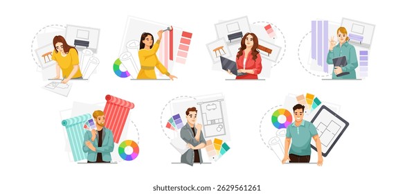 Team of interior designers using laptops, tablets, blueprints, and color samples, surrounded by design elements on white background. Concept of modern design process. Vector illustration