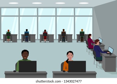 Team of international company. Office interior. Vector illustration.