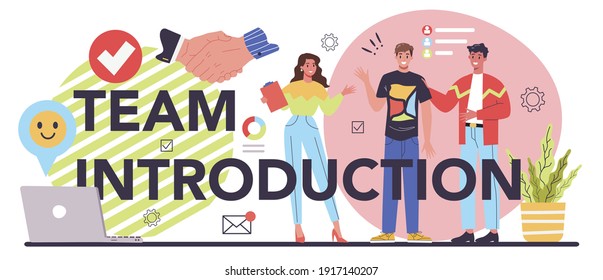 Team introduction typographic header. Personnel management and empolyee adaptation. HR manager providing new empolyee with job instructions. Isolated flat vector illustration