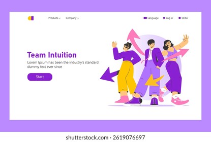 Team intuition concept. Engaging illustration highlights a collaborative environment where team members interact intuitively. Their dynamic poses and directional arrows convey synergy and mutual