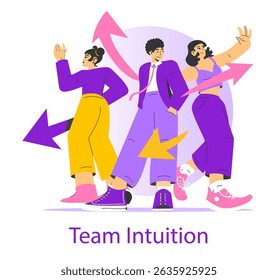 Conceito de Team Intuition. Ilustração com três indivíduos diversos celebrando colaboração e trabalho em equipe. As figuras expressam movimentos dinâmicos com setas direcionais simbolizando intuitivo