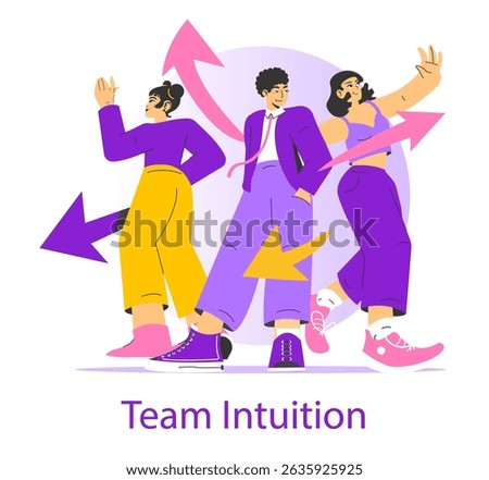 Team Intuition concept. Illustration featuring three diverse individuals celebrating collaboration and teamwork. The figures express dynamic movements with directional arrows symbolizing intuitive