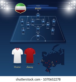 Team Iran soccer jersey or football kit with match formation tactic infographic. Football player position on football pitch and stadium map for broadcasting graphic. Vector Illustration.