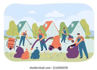 Team of janitors cleaning city street from garbage. Male and female characters sweeping road, working with vacuum cleaner, carrying bag with trash flat vector illustration. Cleanup, service concept