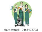 Team of janitors with two young women and an adult man with cleaning supplies in the office going ready for work