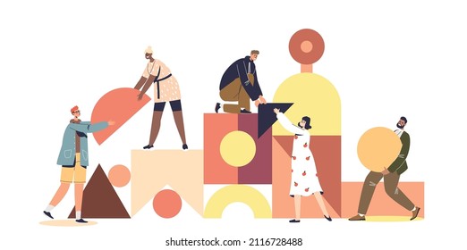 Team joining geometric shapes puzzle work together. Coworker and colleagues creative team cooperating. Teamwork, partnership and brainstorm concept. Cartoon flat vector illustration