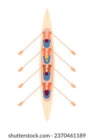 Team kayaking sport flat concept vector spot illustration. People rowing in wooden boat top view. Competition 2D cartoon characters on white for web UI design. Isolated editable creative hero image