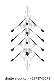 Team kayaking sport monochrome concept vector spot illustration. People rowing in boat top view. Competition 2D flat bw cartoon characters for web UI design. Isolated editable hand drawn hero image