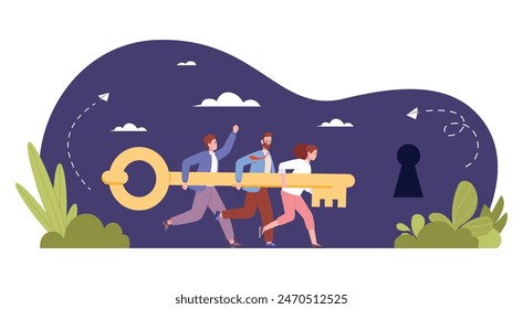 Team key to keyhole. Teamwork unlock solution lock, effective onboarding or corporate security business secrets concept leader run to success motivation achieve vector illustration of keyhole success