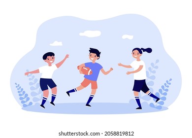 Team Of Kids Playing Rugby Or American Football. Girl And Boys Running On Field With Ball Flat Vector Illustration. Childhood, Sport Activity Concept For Banner, Website Design Or Landing Web Page