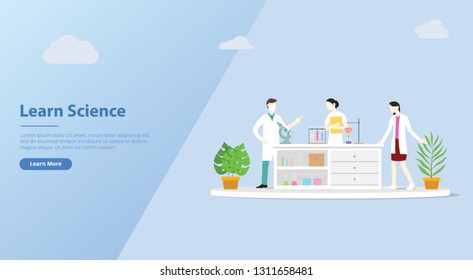 team of laboratory learn science for website banner template discuss chemistry - vector illustration