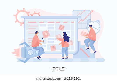 Team launch a new startup using Agile methodology and Kanban board. Girl creates tasks and glues stickers on board. Man shapes creative idea and vision. Modern flat people vector illustration. Vector
