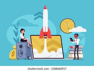 Team launching rocket, going to market, start own business, busy entrepreneurs startup, inspiration of successful business owner, aspiring prospective entrepreneurs, future growth. Vector illustration