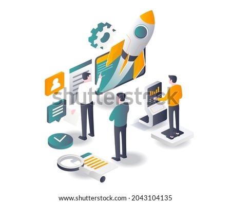 The team is launching a rocket in isometric illustration