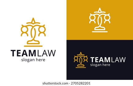 Ilustración de Plantilla de diseño de logotipo de ley de Equipo. Concepto de justicia diseño de Vector. Logotipo del pilar de la escala del equilibrio con el icono gráfico del símbolo de la gente