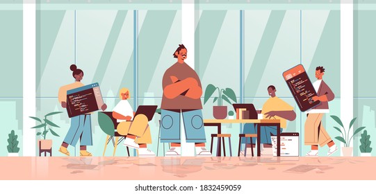 team lead engineer with mix race web developers coding together creating program code development of software and programming concept full length horizontal vector illustration