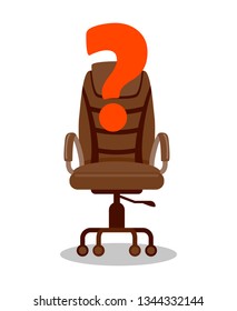 Team Leader, Boss Open Vacancy Vector Illustration. Office Chair with Question Mark Flat Clipart. HR Agency, Recruitment, Hiring. Job Interview. Brown Leather Armchair Design Element