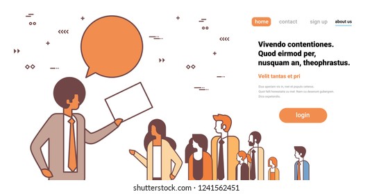 team leader businessman hold paper document chat bubble communication business people group working meeting cartoon character portrait horizontal copy space line