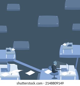 Team leader communicates virtually through computer. Male working over time office. Productive busy corporate processing printed documents using laptop.