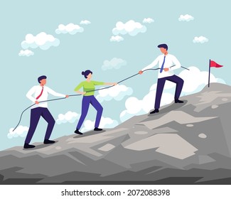 Team leader concept illustration. Business team climbing mountain with support leader, Concept of business success and leadership. Vector illustration in a flat style