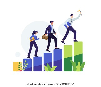 Ilustración de concepto de jefe de equipo. Equipo de negocios caminando por la escalera o los pasos de éxito, Concepto de éxito y liderazgo de negocios. Ilustración vectorial en un estilo plano