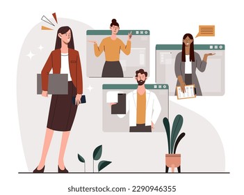 Team leader concept. Woman in suit with briefcase communicates with partners via video communication. Remote employee or freelancer. Efficient workflow and meeting. Cartoon flat vector illustration