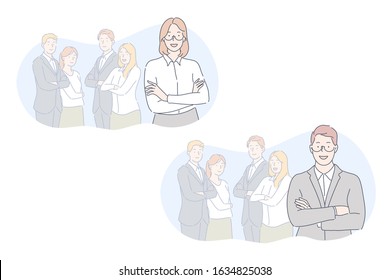 Team, leader, coworking set concept. Businessman and businesswoman leaders are standing in front of team. Boy and girl took leadership over employees. Business people do coworking with teammates.