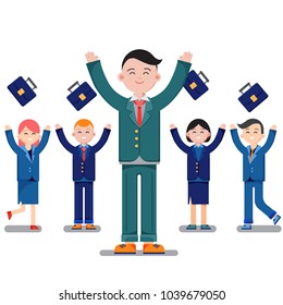 Team leader and his team celebrating a success throwing their brief cases in the air as they cheer and laugh in jubilation. Happy business people, man and woman group. Vector illustration on white